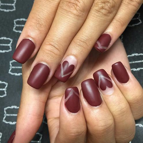 Matte Deep Red Heart Outline Nails Matte Deep Red Heart Outline Nails β Winter Matte Nails