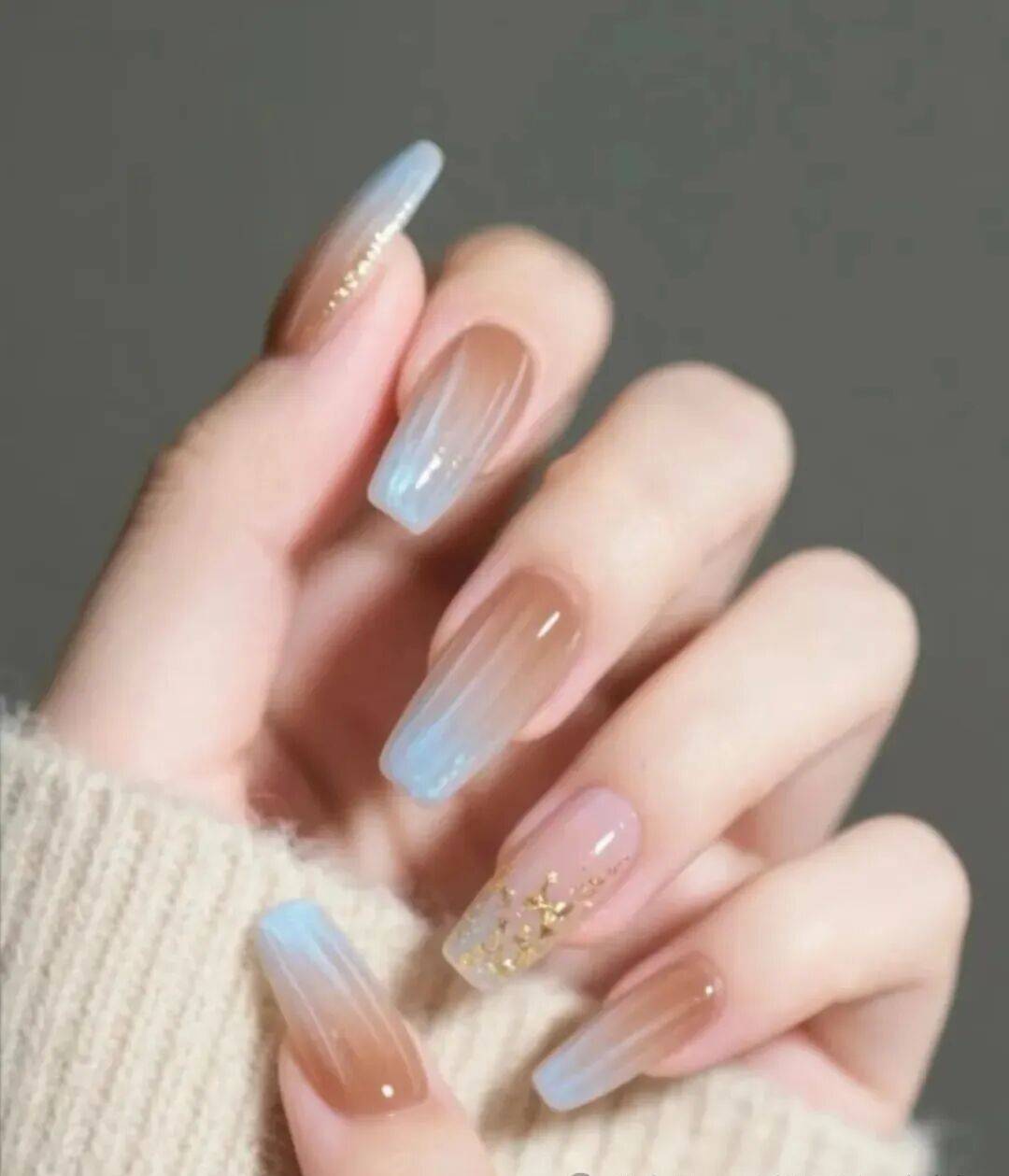 Nude Light Blue Ombre Coffin Nails — Winter Acrylic Nails