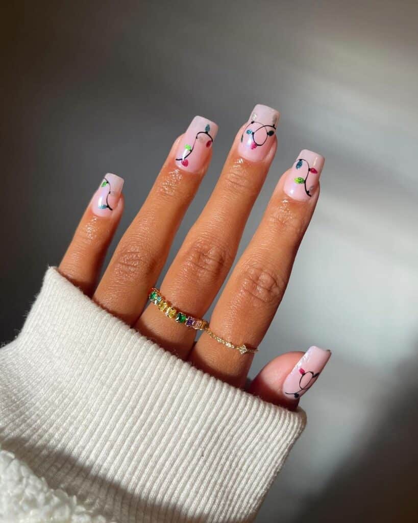 Sheer Pink with Colorful Lights Sheer Pink with Colorful Lights β Short Christmas Square Nails 2026