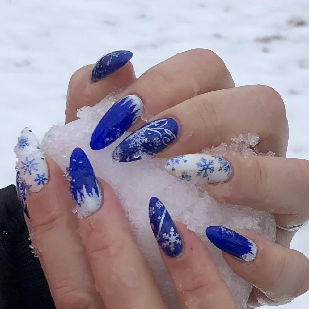 Bold Cobalt Blue Winter Art Stiletto Nails — Winter Nail Art