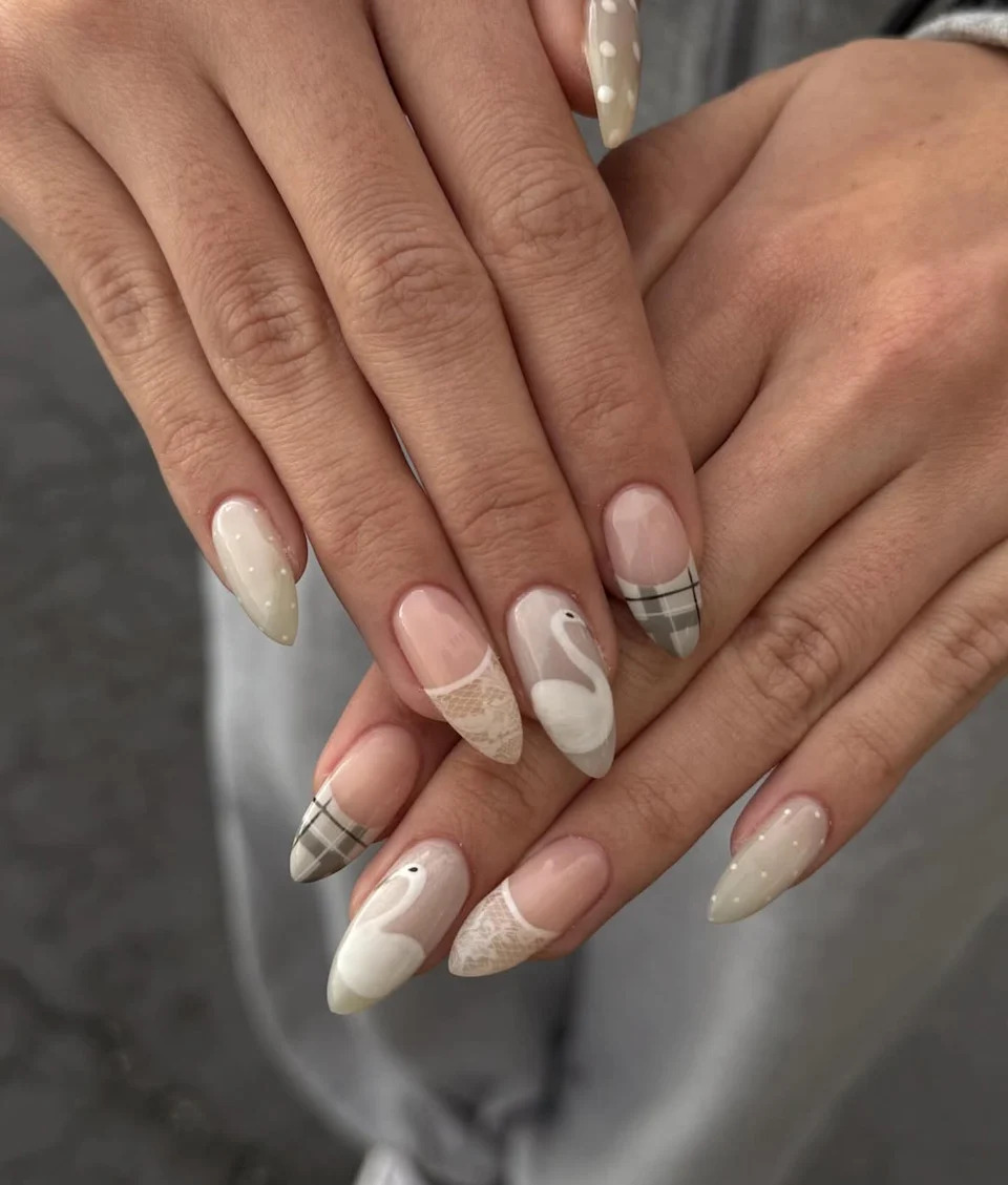 Winter Mix Plaid Lace Swan Polka Dots Winter Mix Plaid Lace Swan Polka Dots β Coquette Winter Nails