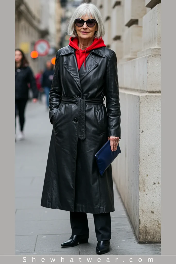 Red Hoodie Under Black Leather Trench Coat — Hoodie Outfits