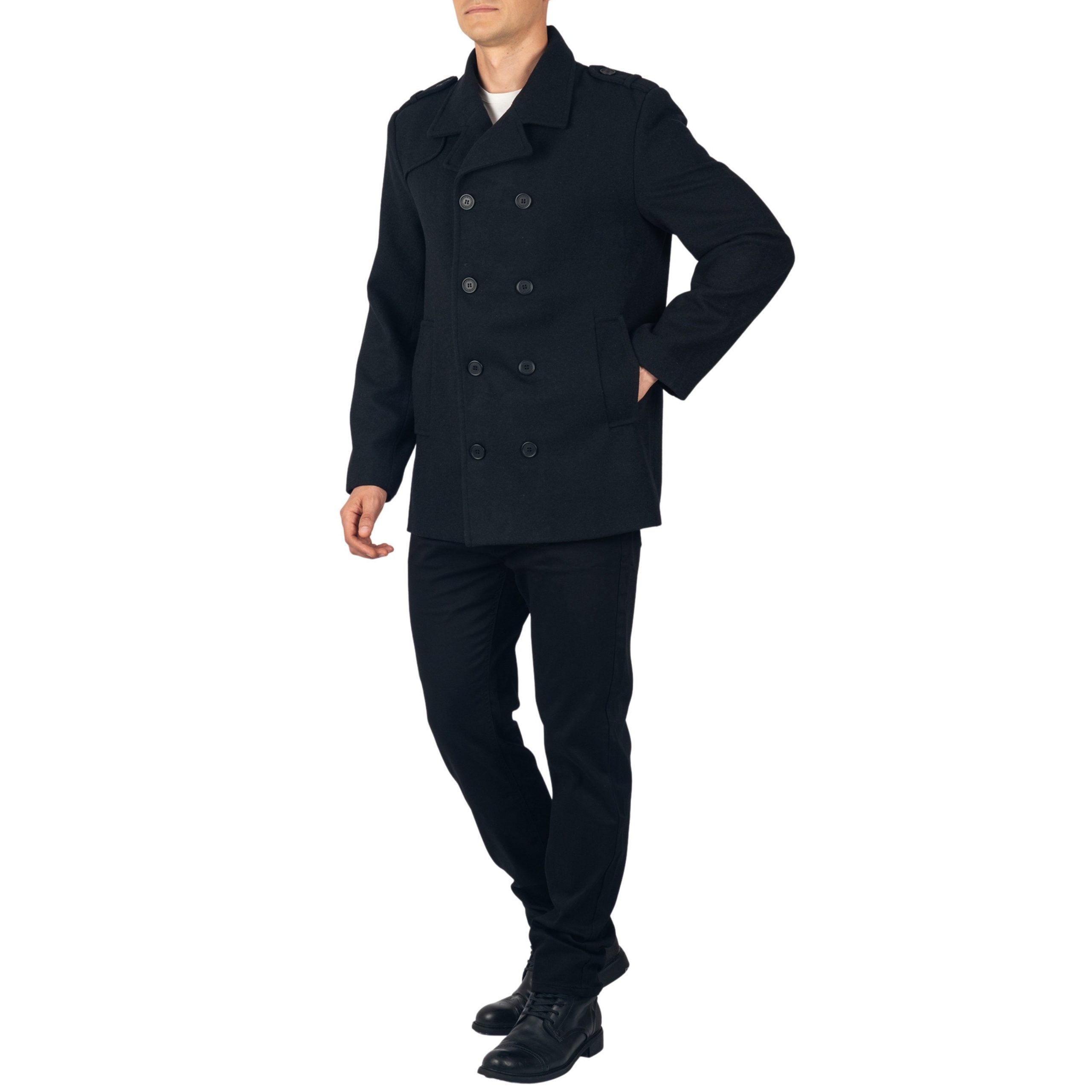 Men's Black Double-Breasted Peacoat with White Tee Men's Black Double-Breasted Peacoat with White Tee β Peacoat Outfits
