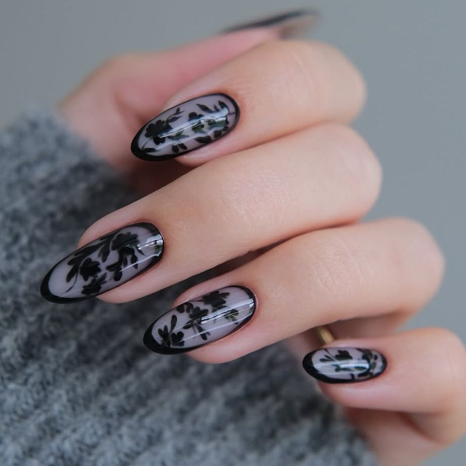 Nude Base Black Floral French Nails — Aesthetic Winter Nails