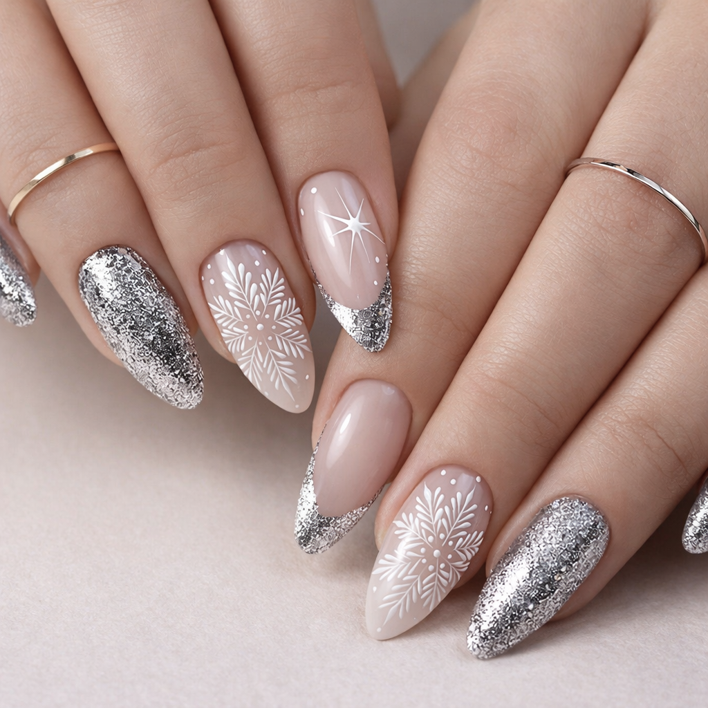 Snowflakes French Tips Glitter Accents Visual Idea Snowflakes French Tips Glitter Accents Visual Idea β Christmas Nail Art 2026