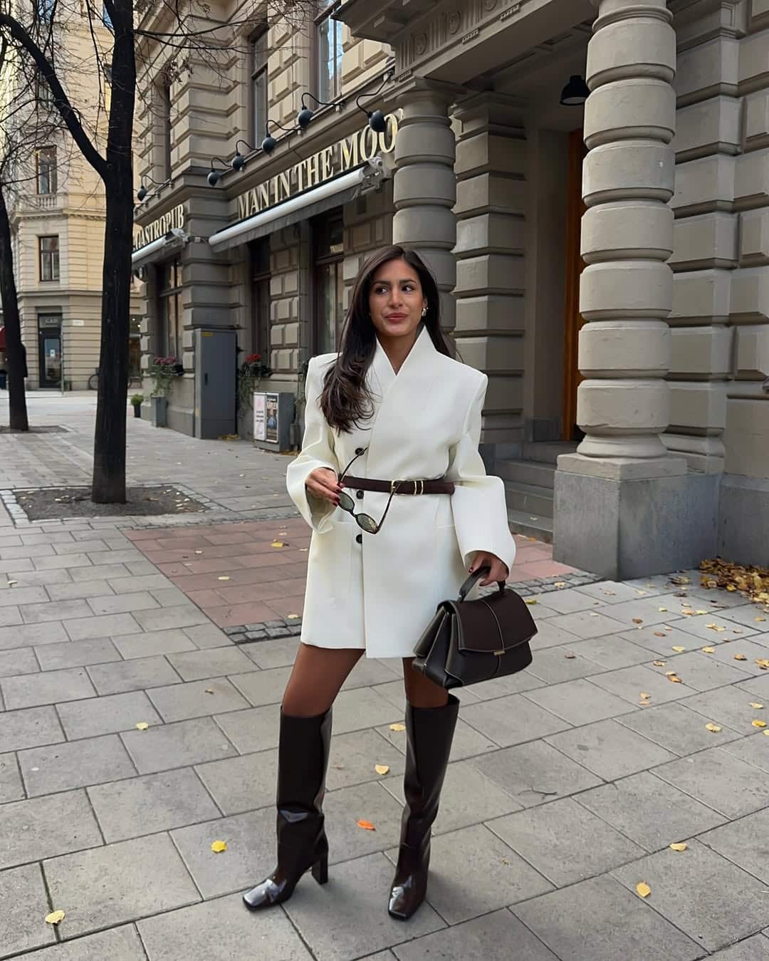 Chic City Look: Blazer Dress with Dark Brown Square-Toe Knee-High Boots — Over the Knee Boots Outfits