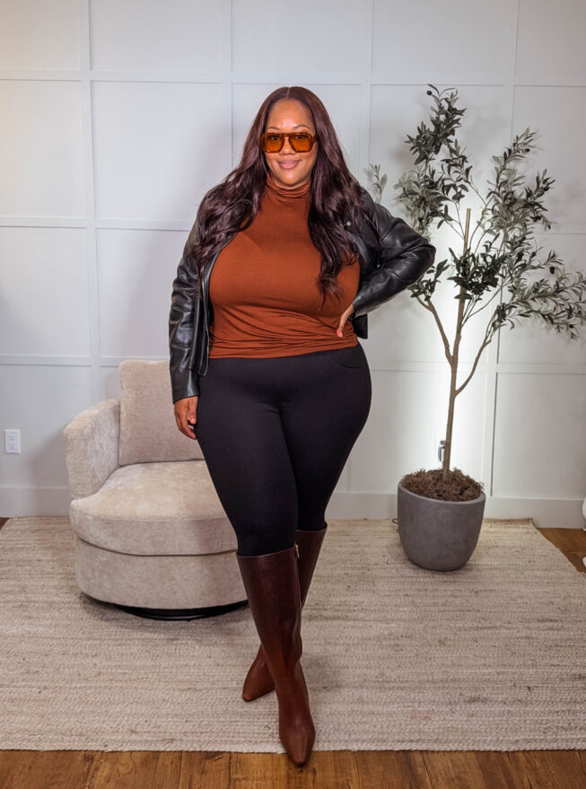 Edgy Appeal: Black Faux Leather Leggings with Rust Turtleneck and Leather Jacket Edgy Appeal: Black Faux Leather Leggings with Rust Turtleneck and Leather Jacket β Winter Outfits with Leggings