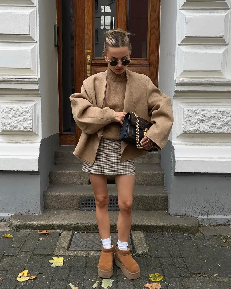 Chic Casual: Brown Platform Uggs with Blazer and Plaid Skirt Chic Casual: Brown Platform Uggs with Blazer and Plaid Skirt β Ugg Slippers Outfits