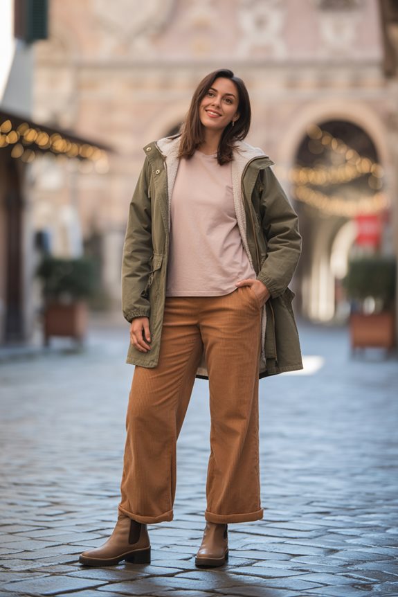 Olive Green Sherpa Parka with Corduroy Pants — Italy Winter Outfits