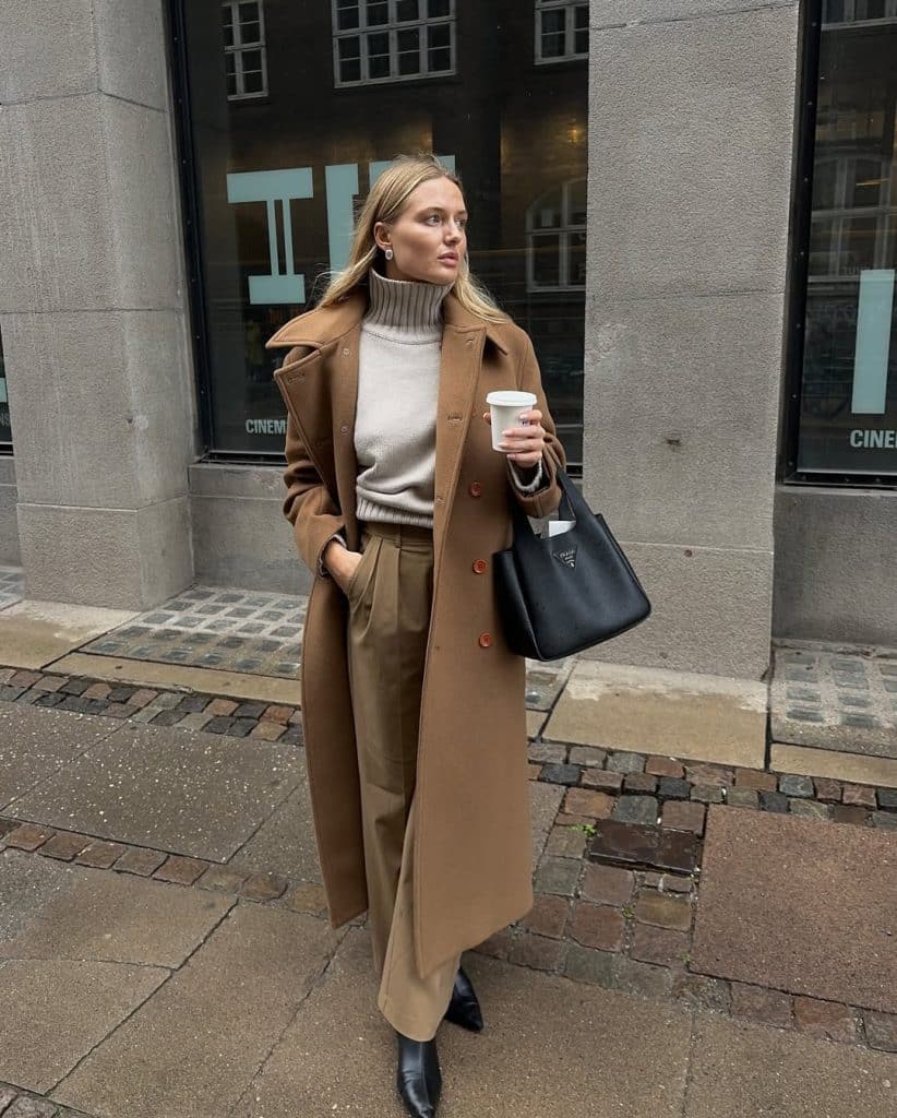Timeless Camel Wool Coat Over a Turtleneck and Straight-Leg Trousers — Old Money Winter Outfits