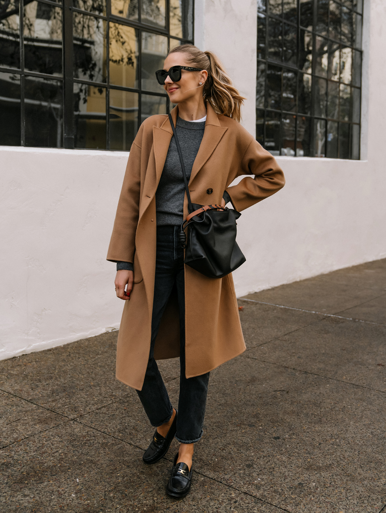 Oversized Camel Coat Over Grey Sweater And Black Jeans — Camel Coat Outfits