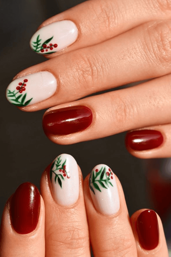 Deep Red Holly Sprig Short Oval Nails Deep Red Holly Sprig Short Oval Nails β Easy Christmas Nails 2026