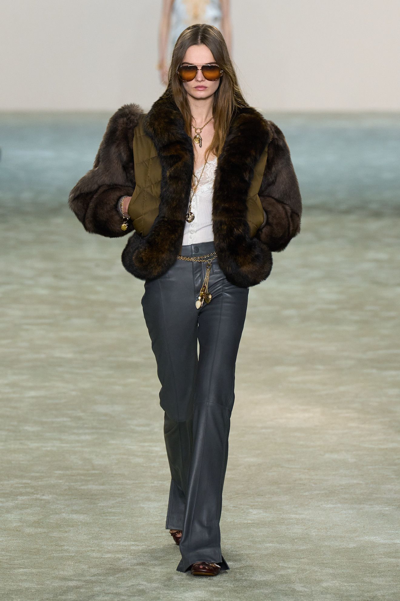 Grey Flared Leather Pants with Lace Camisole, Fur Bomber, and Heeled Boots — Leather Pants Outfits