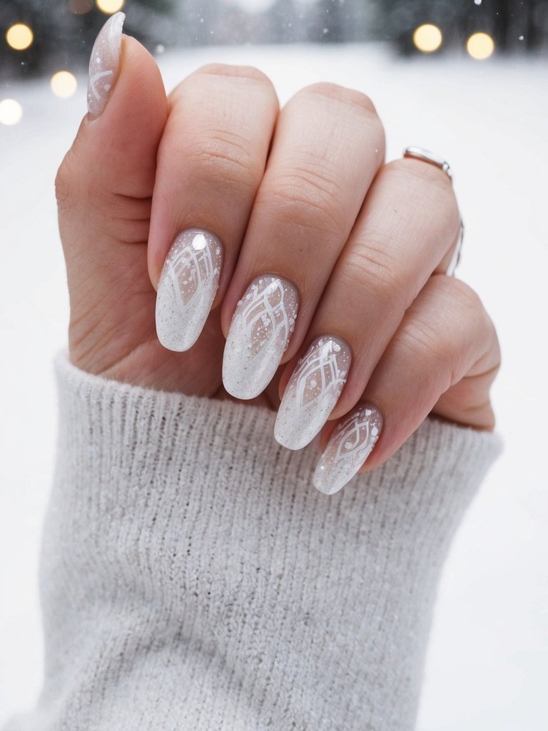 White Lace Glitter Medium Oval White Lace Glitter Medium Oval β Winter Wedding Nails