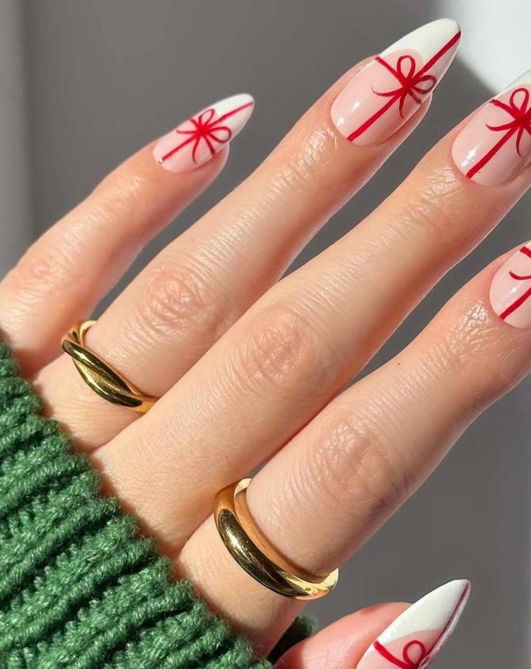 Gift Bow Red Stripe Stiletto Nails — Holiday Nail Colors 2026