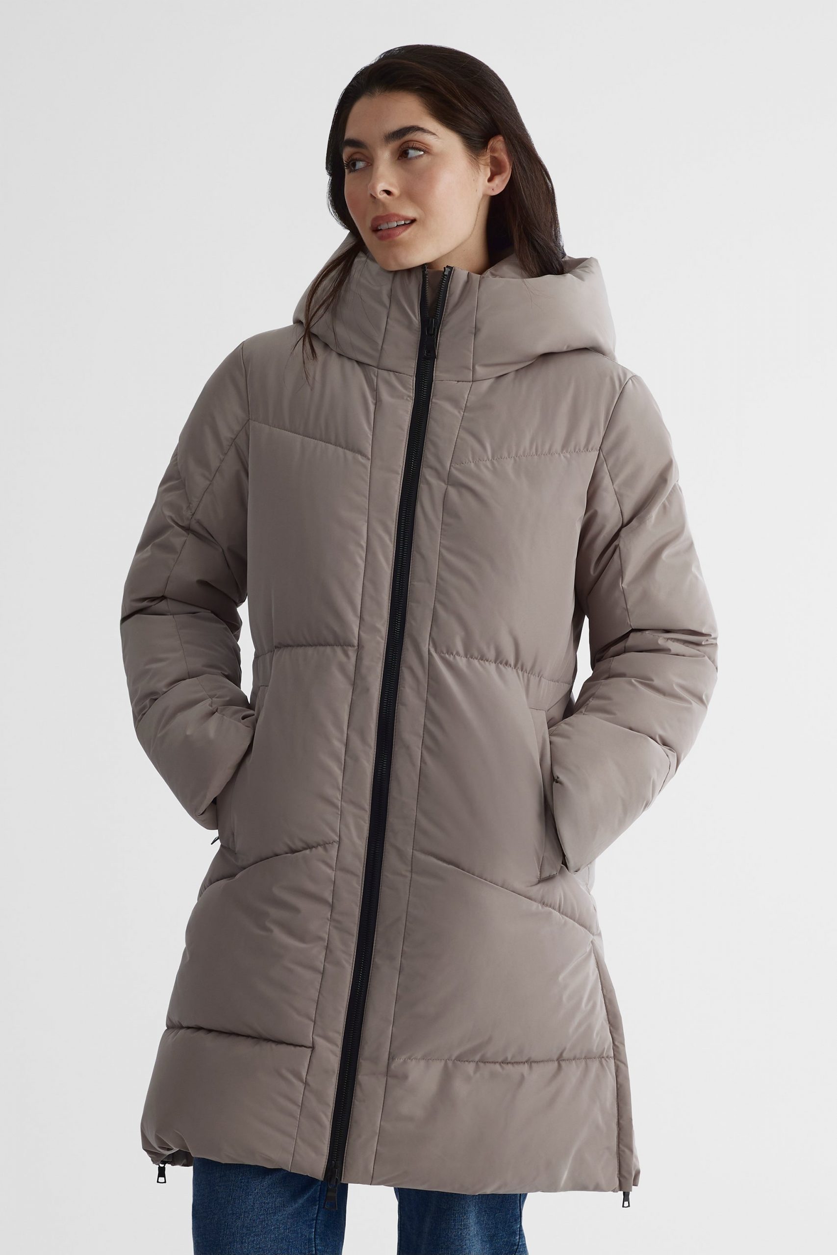 Taupe Longline Puffer Jacket with High Collar for Elevated Casual Style — Winter Jackets for Women