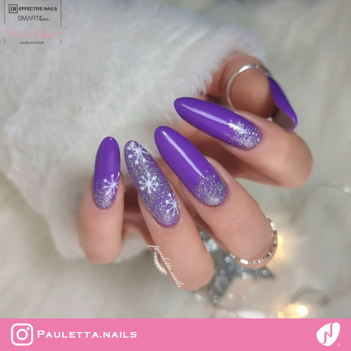 Glossy Glitter Purple with Snowflakes and Glitter Accents Glossy Glitter Purple with Snowflakes and Glitter Accents β Winter Purple Nails