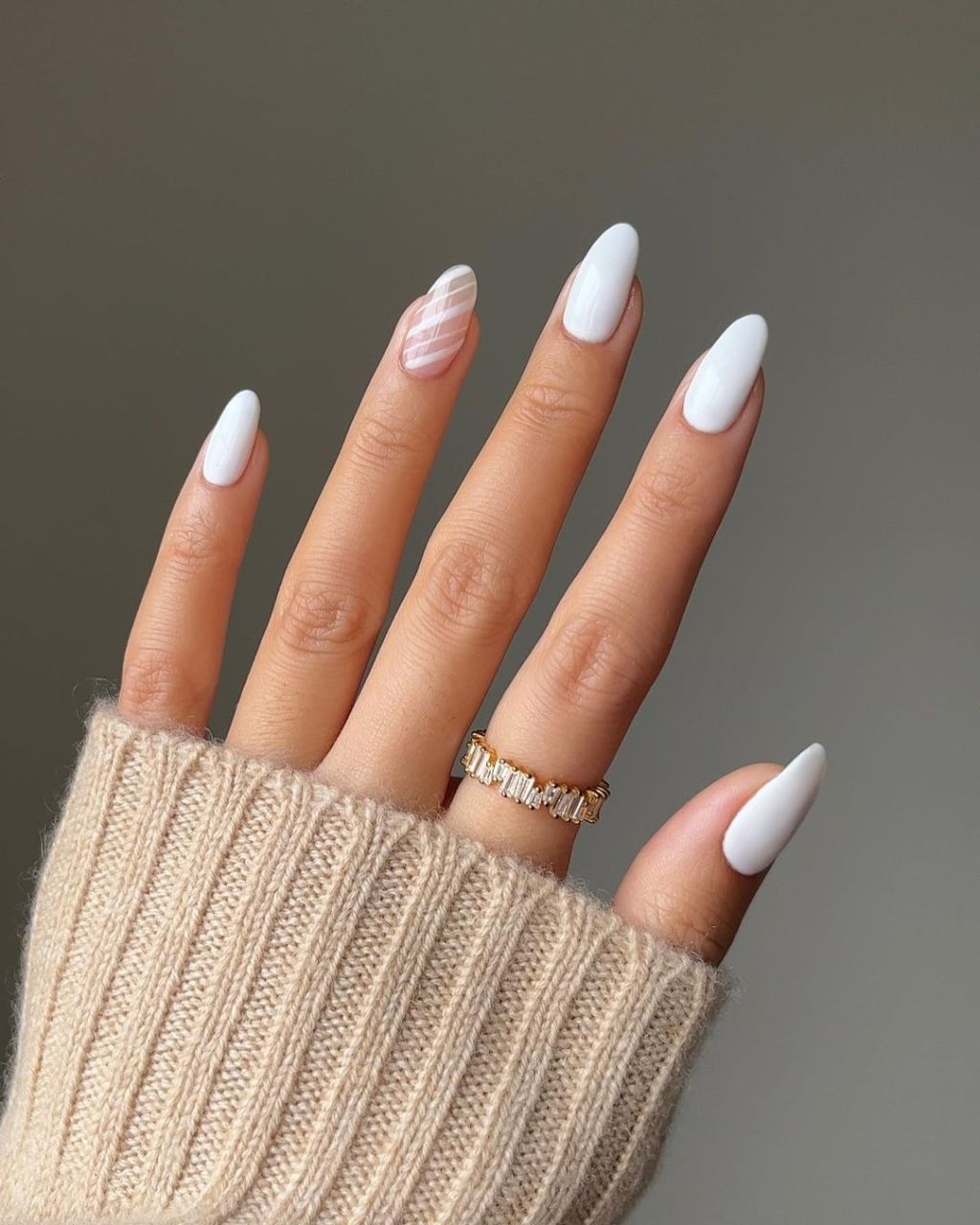 White Oval Nails With Pink Stripe Accent White Oval Nails With Pink Stripe Accent β Winter Nail Art Simple