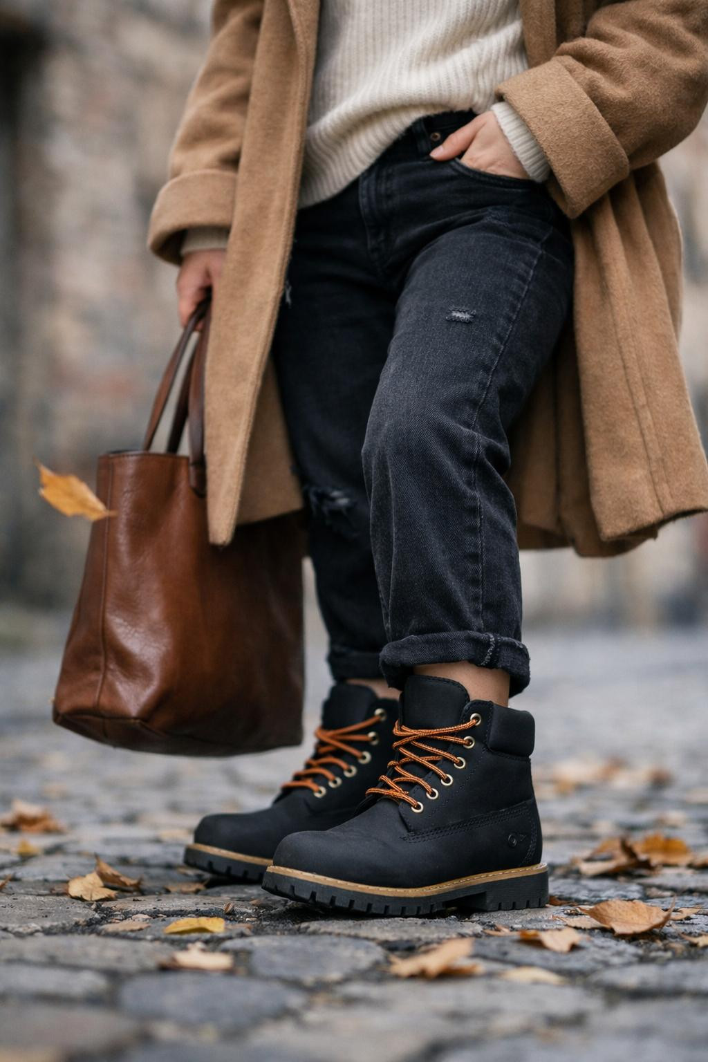 Autumnal Comfort: Camel Coat Over Knitwear and Dark Jeans — Timberland Boots Outfits