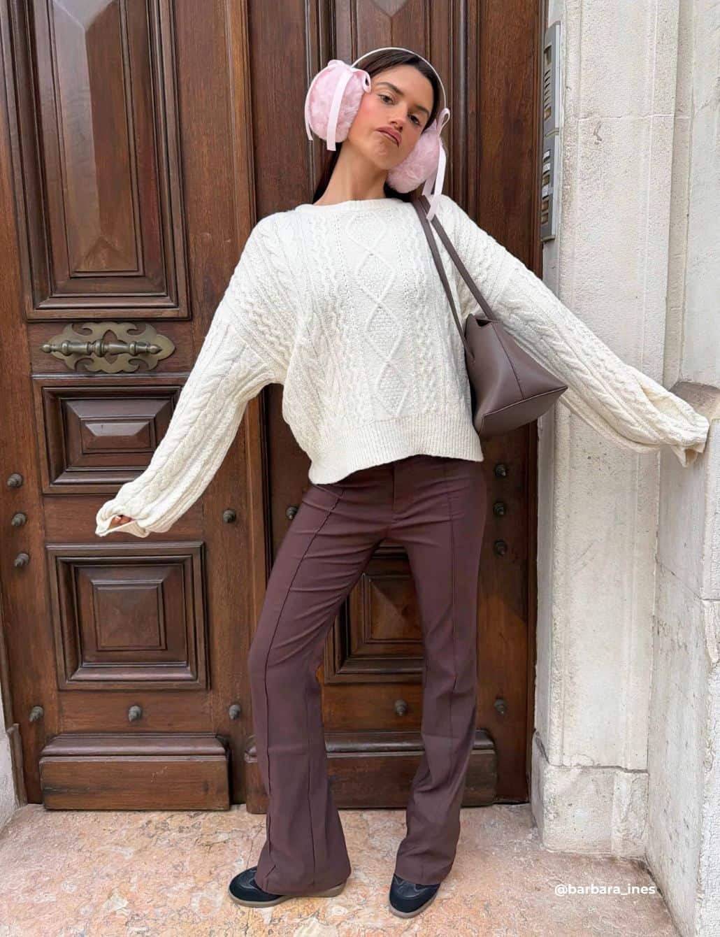 Cream Cable-Knit Sweater with Flared Brown Pants — Cute Winter Outfits