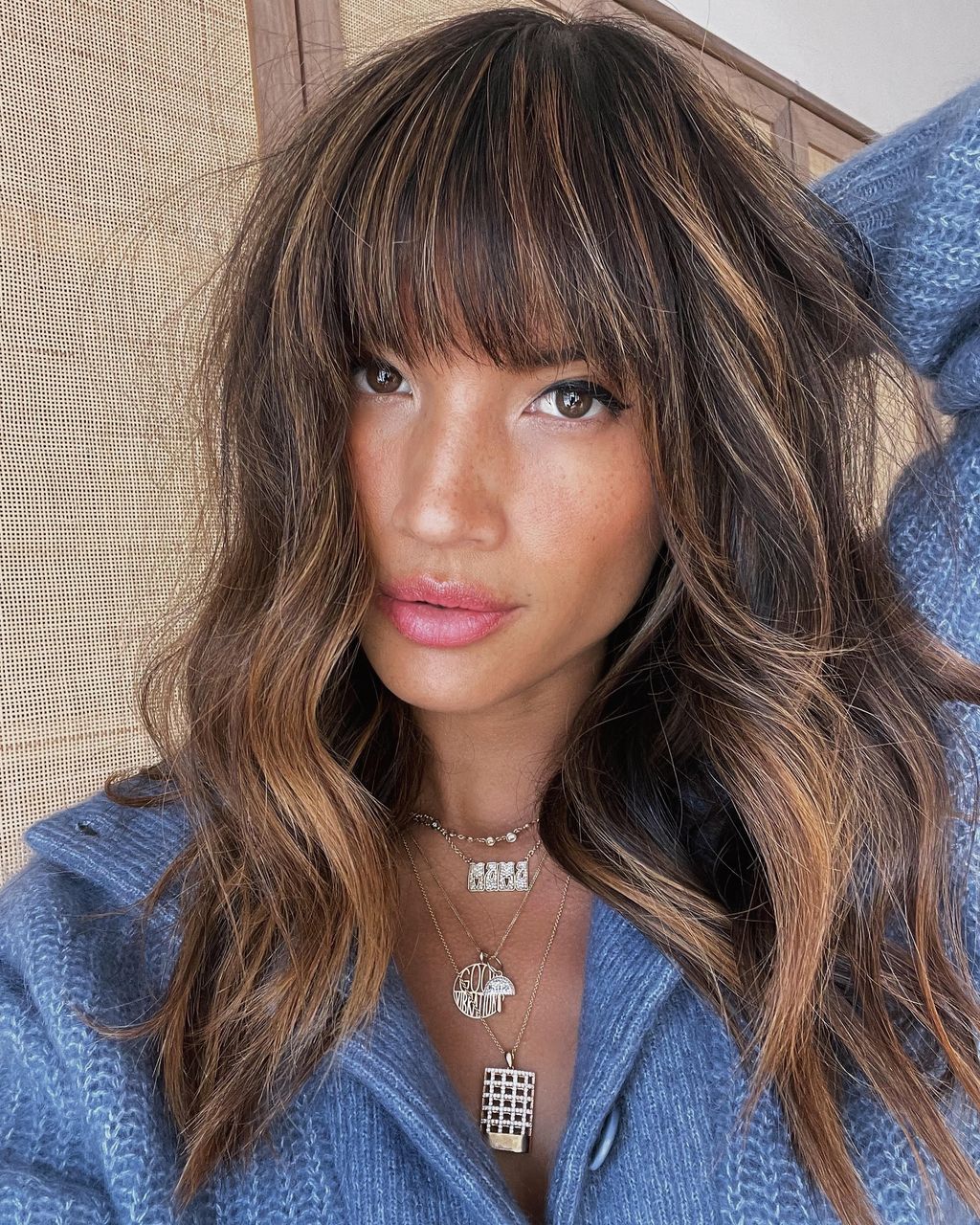 Dark Brown With Blonde Balayage Waves Dark Brown With Blonde Balayage Waves β Winter Hairstyles with Bangs
