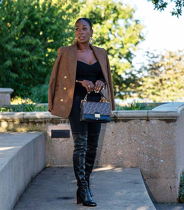 Brown Tweed Blazer Over Black Top with Over-the-Knee Boots Brown Tweed Blazer Over Black Top with Over-the-Knee Boots β Winter Date Night Outfits
