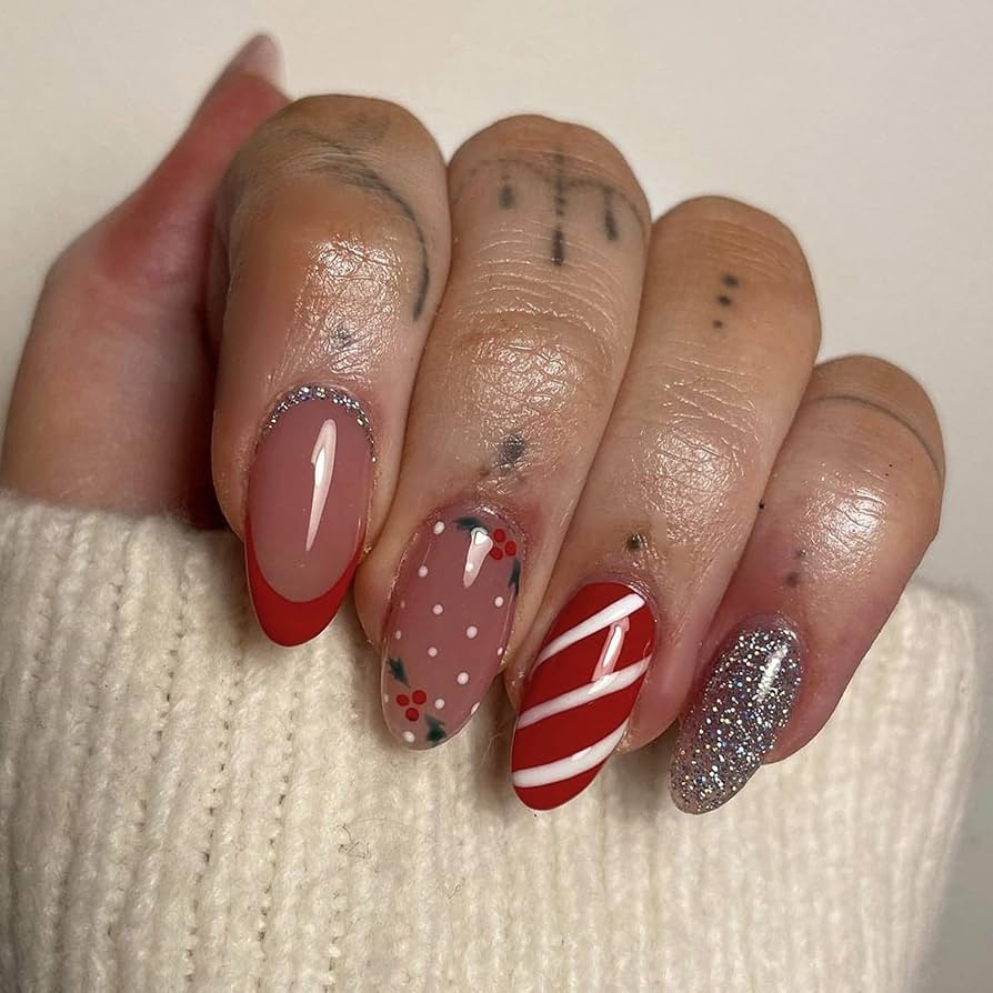 Red French with Holly and Polka Dots Red French with Holly and Polka Dots β New Years Almond Nails 2027