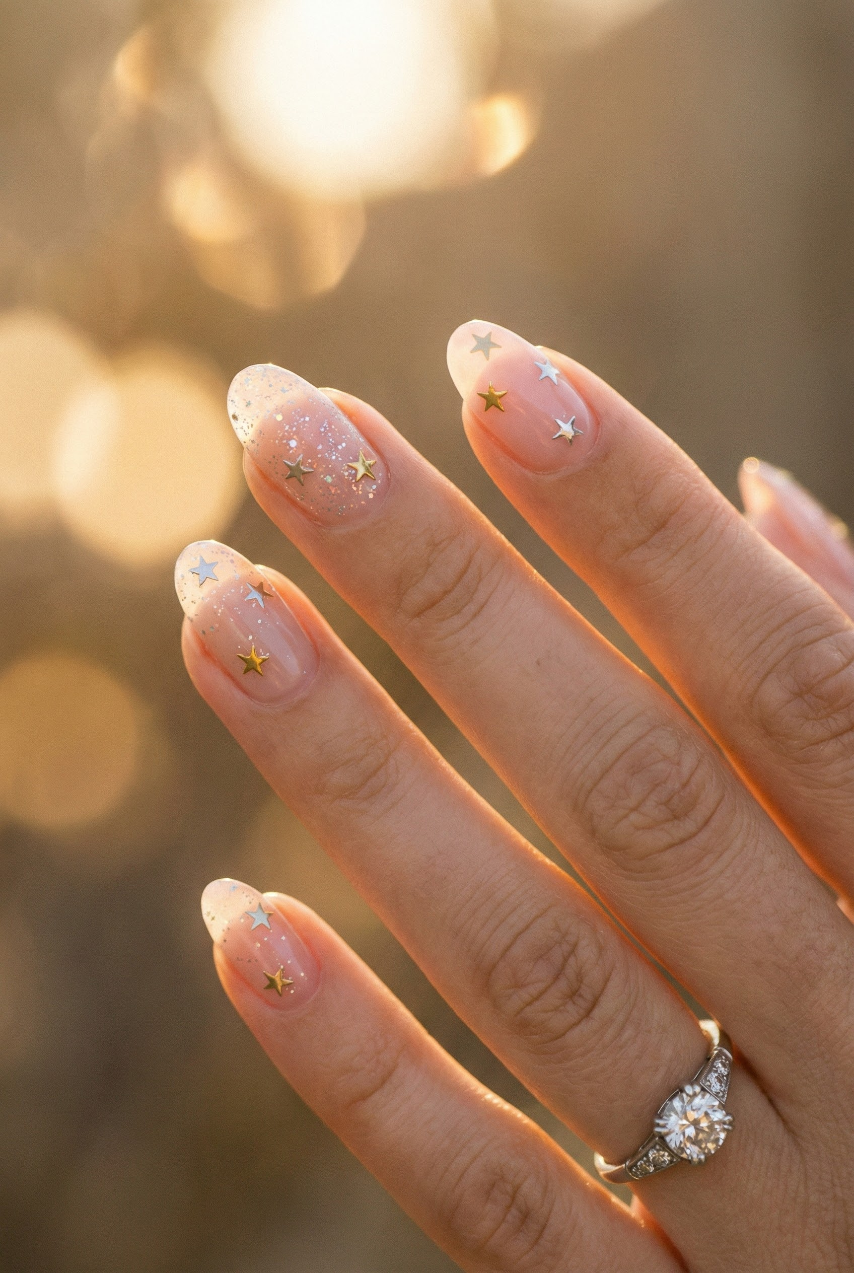 Medium Oval Star Embellished Nails — Winter Wedding Guest Nails