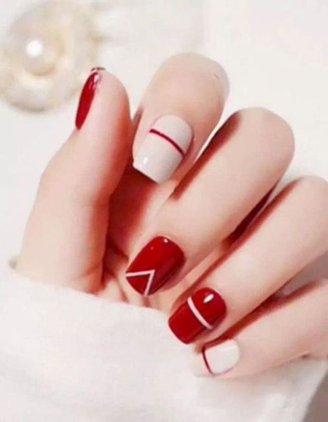 White Lines And Dots On Red Nails Visual Idea — Christmas Nails for Kids 2026