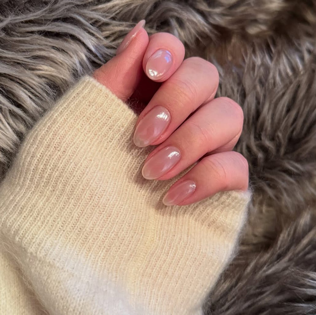 Milky White Pearlescent Oval Milky White Pearlescent Oval β Clean Girl Winter Nails