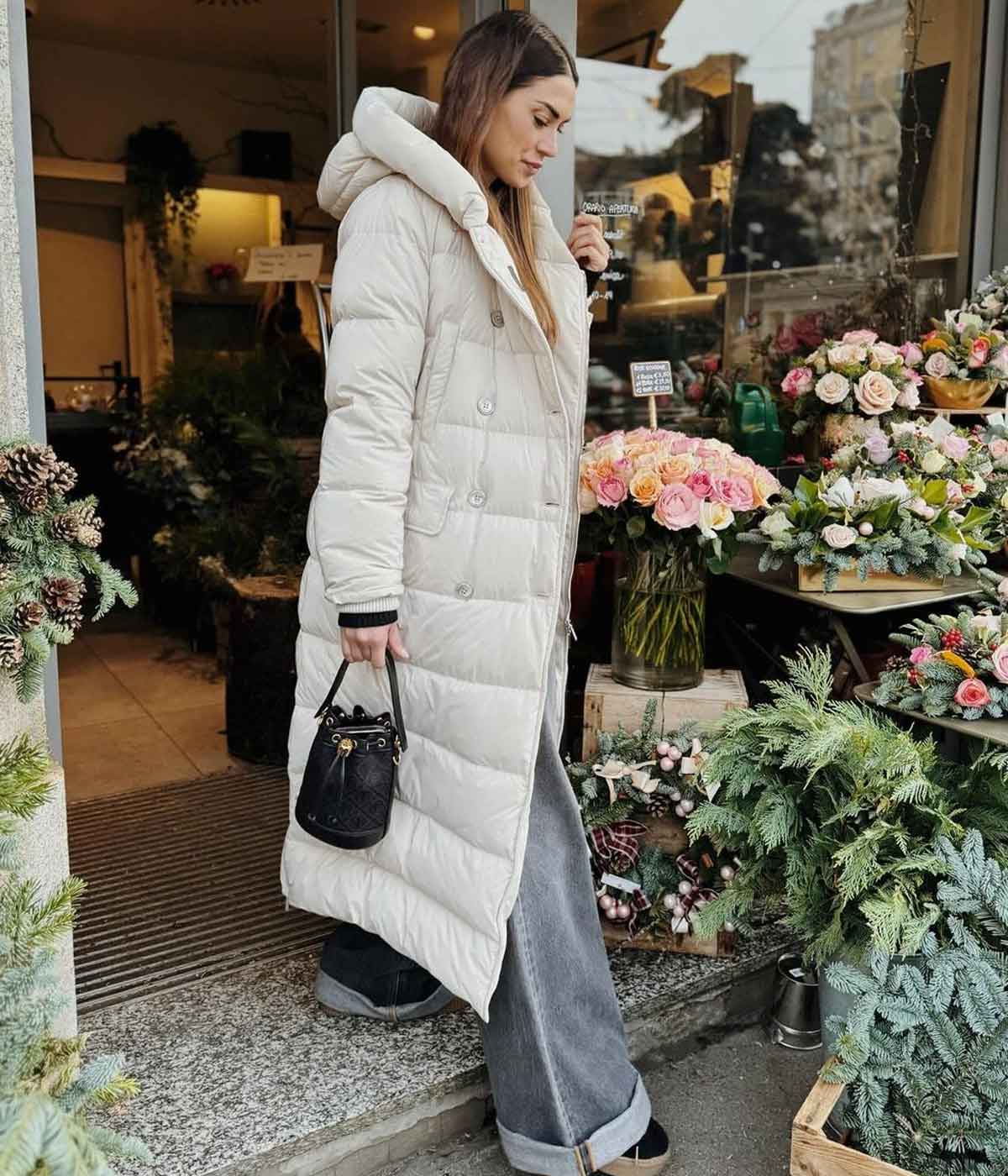 Cream Double-Breasted Long Puffer Coat With Grey Trousers — Long Puffer Coat Outfits