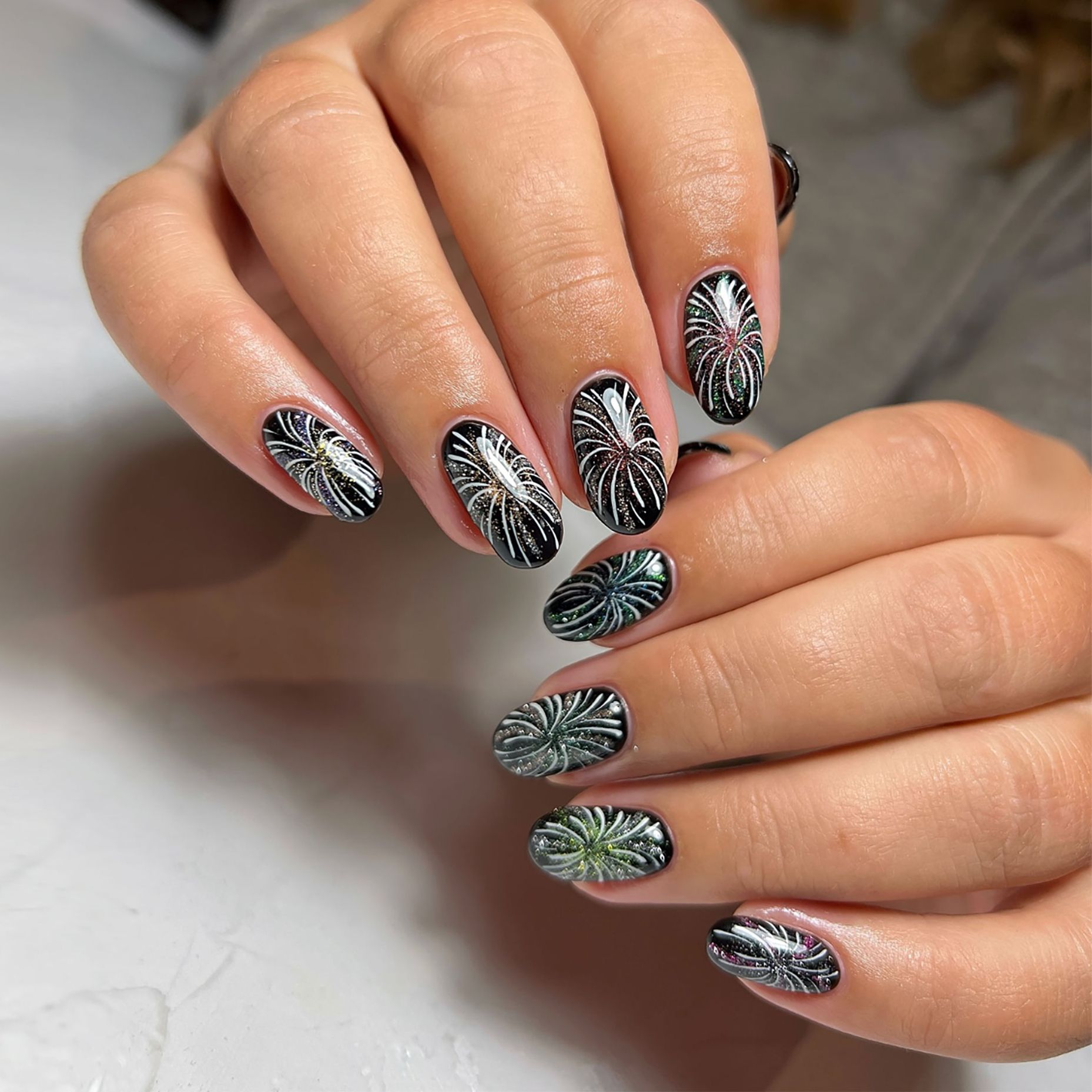 Celebratory Firework Medium Oval Nails — Winter Nail Colors for Women Over 60