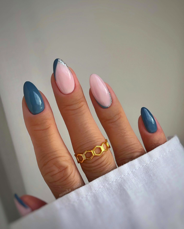 Dusty Blue French Tip Almonds — Winter Acrylic Nails