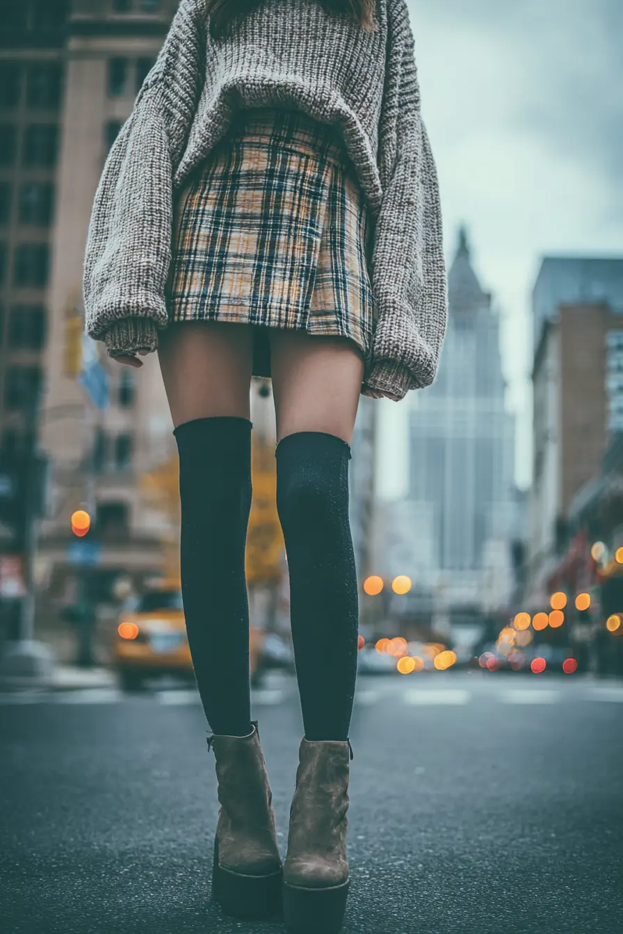 Oversized Knit Sweater with Plaid Mini Skirt and Thigh-High Socks Oversized Knit Sweater with Plaid Mini Skirt and Thigh-High Socks β Y2K Winter Outfits