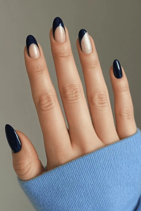 Navy Nude Half-Moon French with Glitter — Winter Date Night Nails
