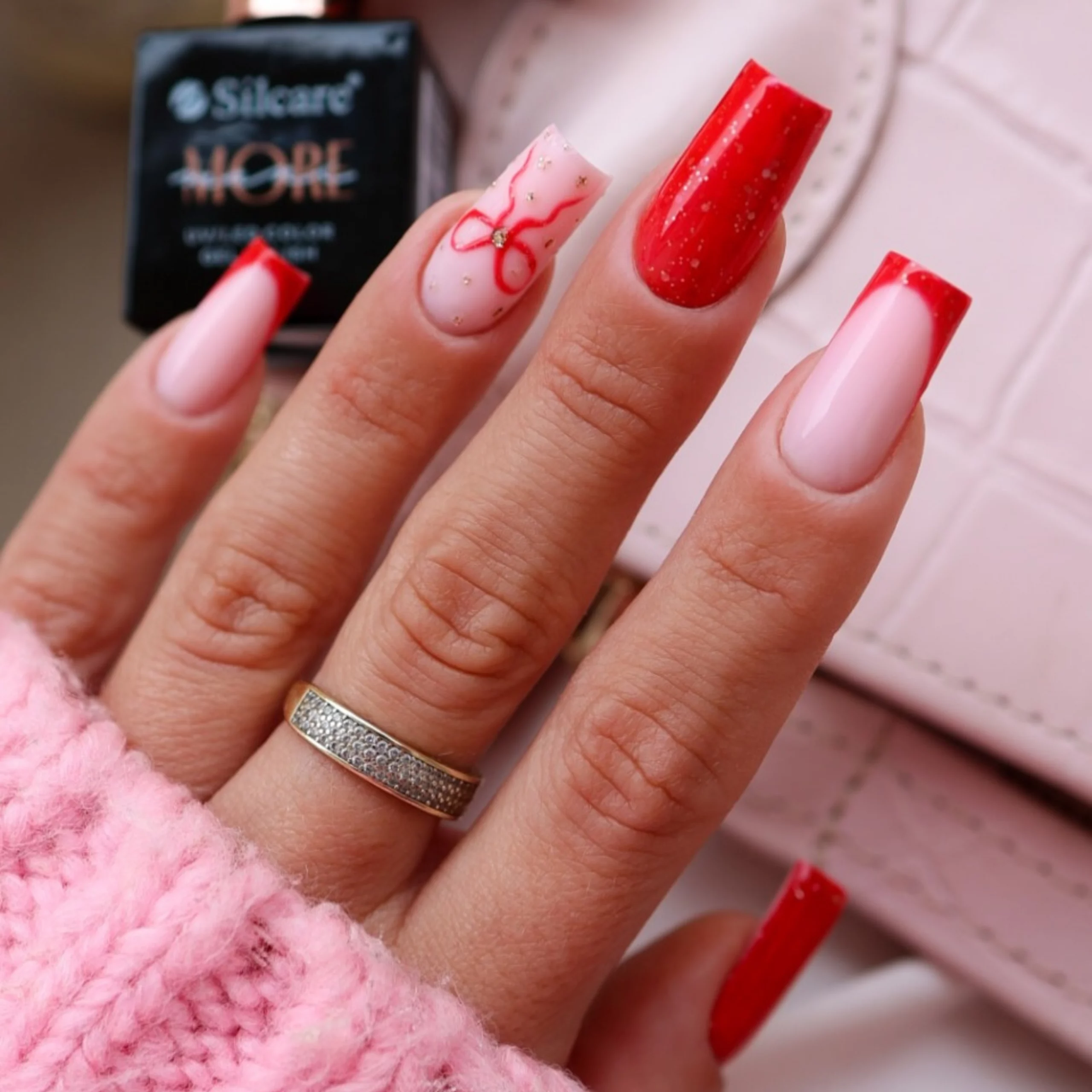 Pinkish Nude French with Red Bow Pinkish Nude French with Red Bow β Cherry Red Christmas Nails 2026