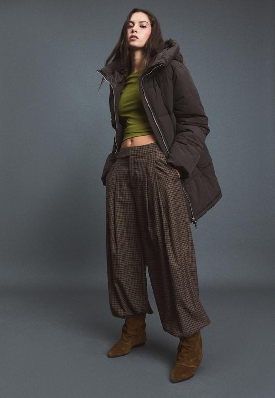 Dark Brown Hooded Puffer Coat and Plaid Pants — Brown Coat Outfits