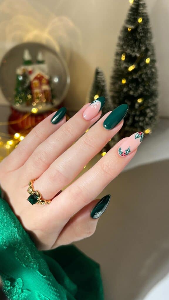Deep Green with Pink Snowflakes and Holly Berries — Green Christmas Nails 2026