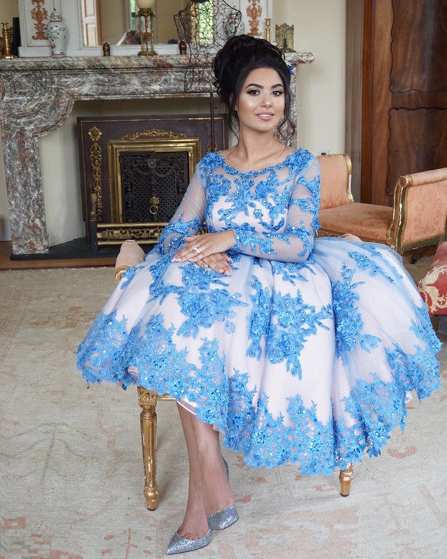 Light Blue Lace Cocktail Dress with Floral Appliques — Winter Formal Dresses