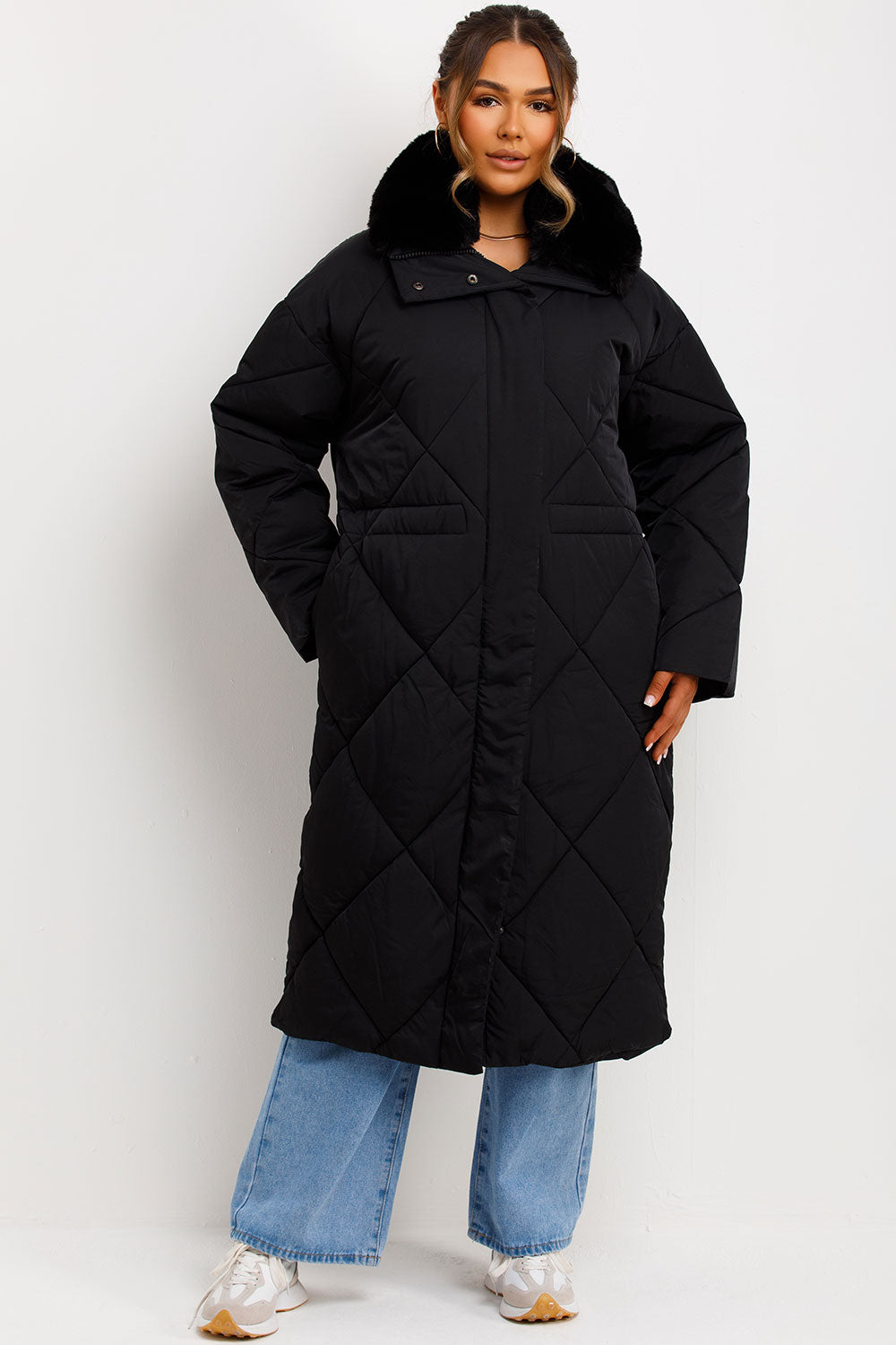 Black Quilted Puffer Coat with Fur Collar and Jeans — Winter Coats for Women