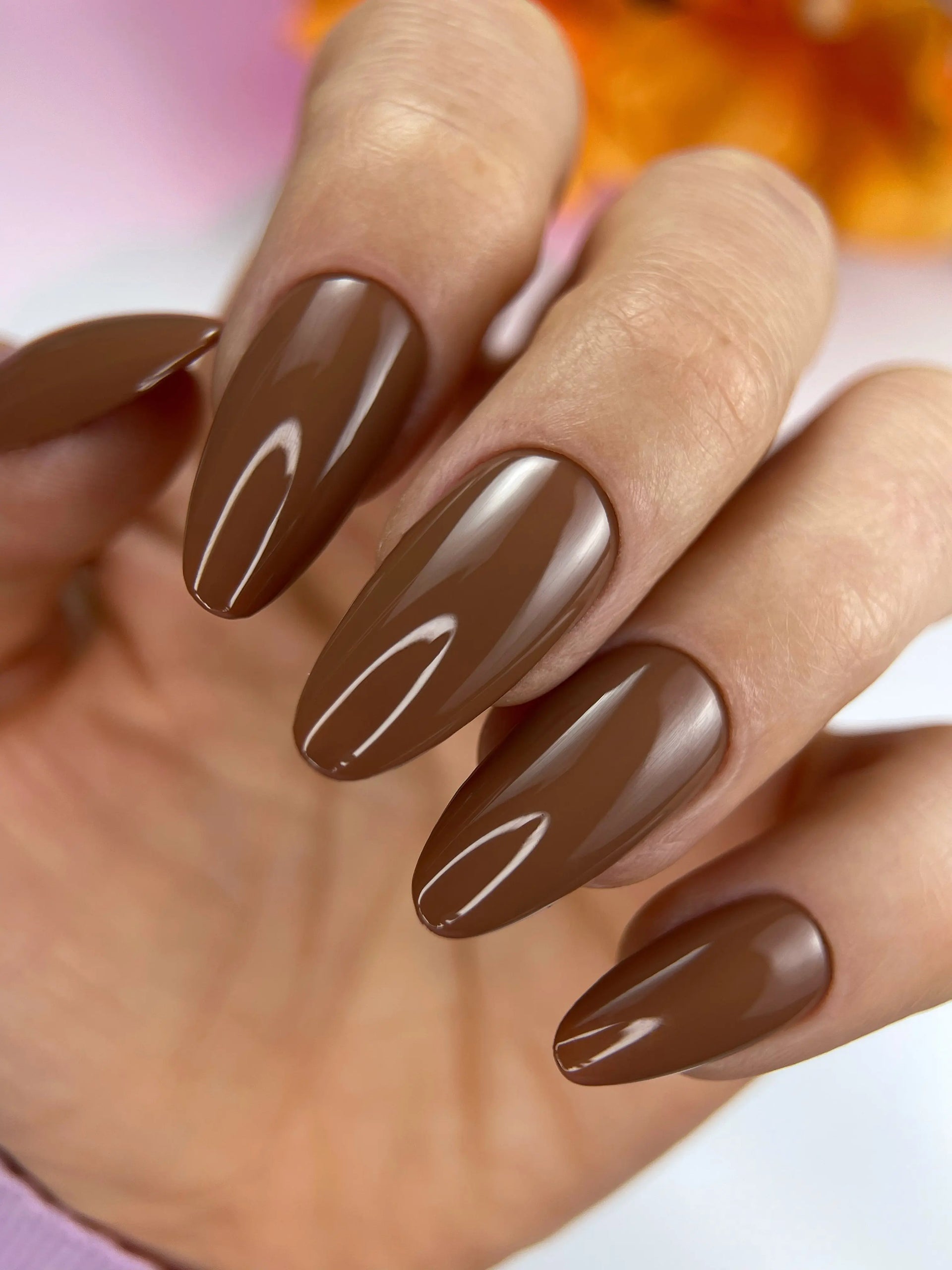 Creamy Milk Chocolate Glossy Medium Almond Nails — Chocolate Brown Nails