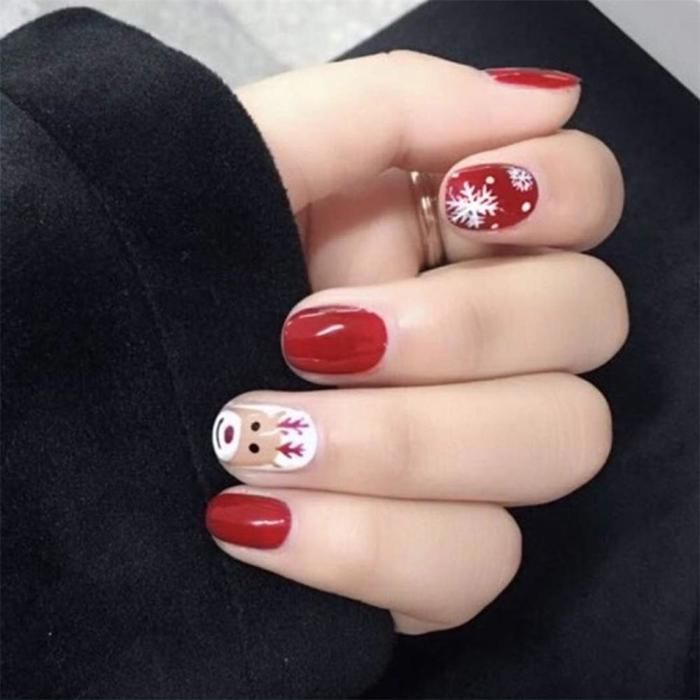 Glossy Red Reindeer Face Art — Short Christmas Nails 2026