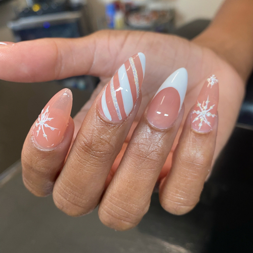 Clear Almond with Snowflakes and Glitter French Clear Almond with Snowflakes and Glitter French β Christmas Gel X Nails 2026