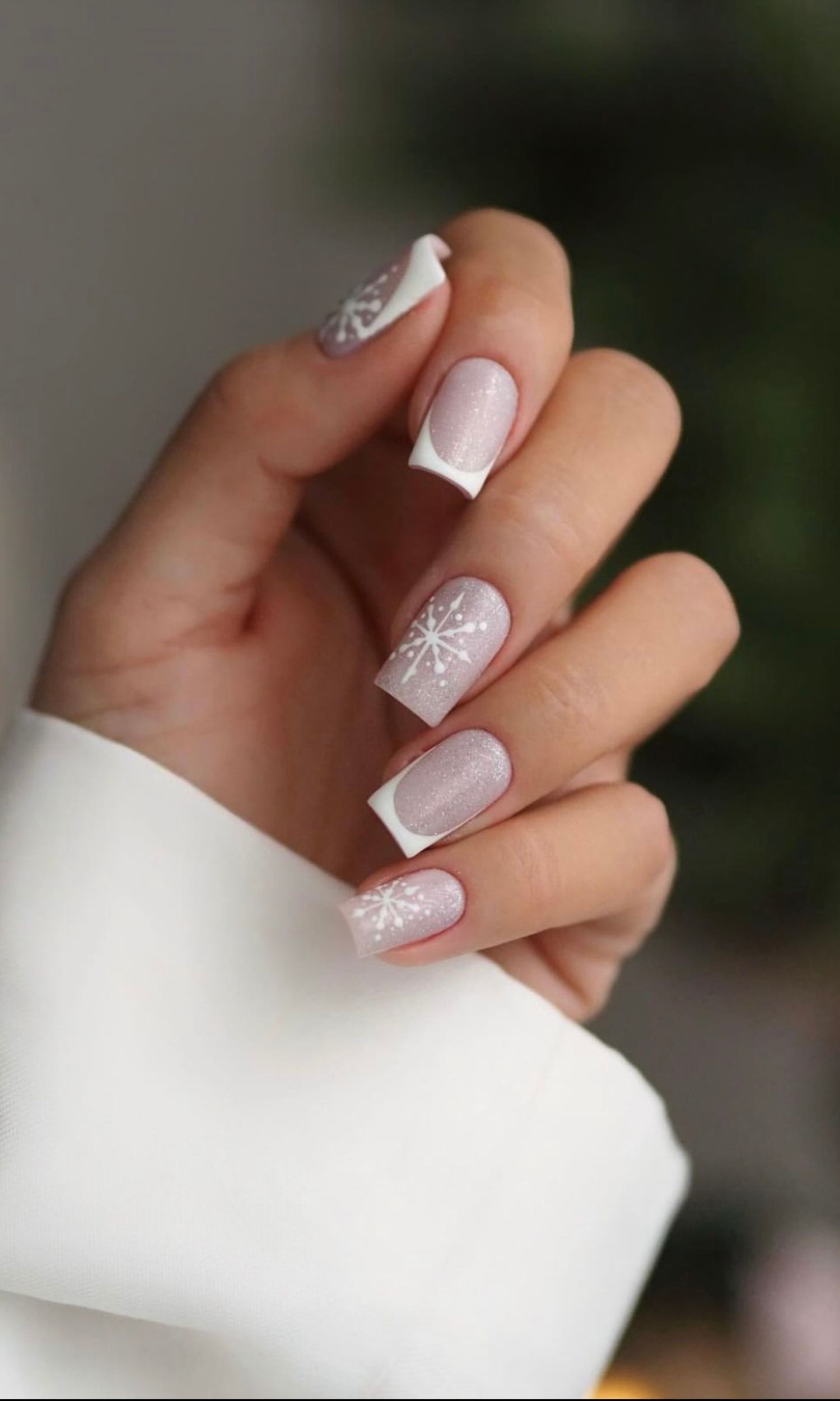 Short Square Snowflake French Tips — Christmas Gel Nails 2026