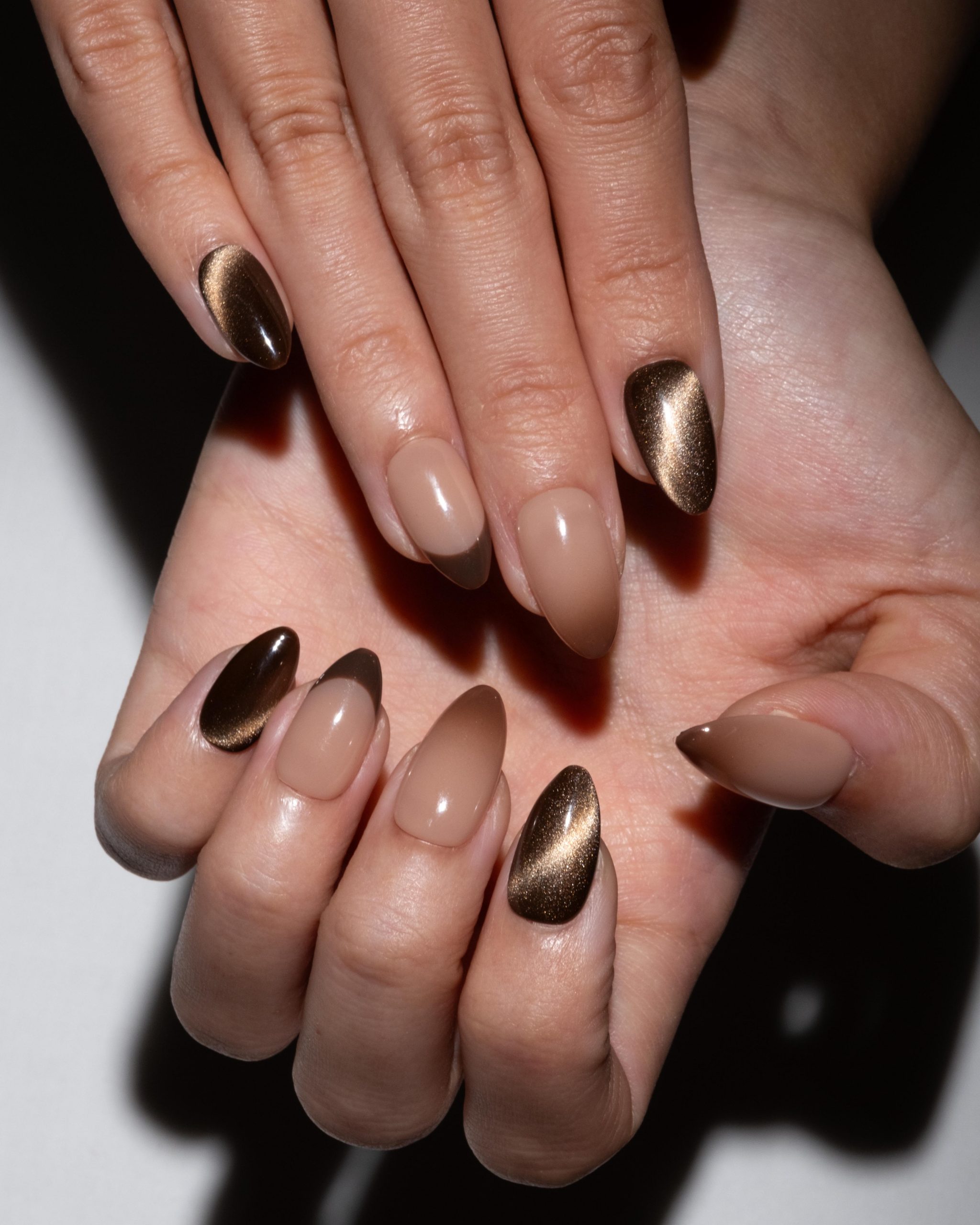 Long Coffin Color Block Gold Line — Mocha Nails