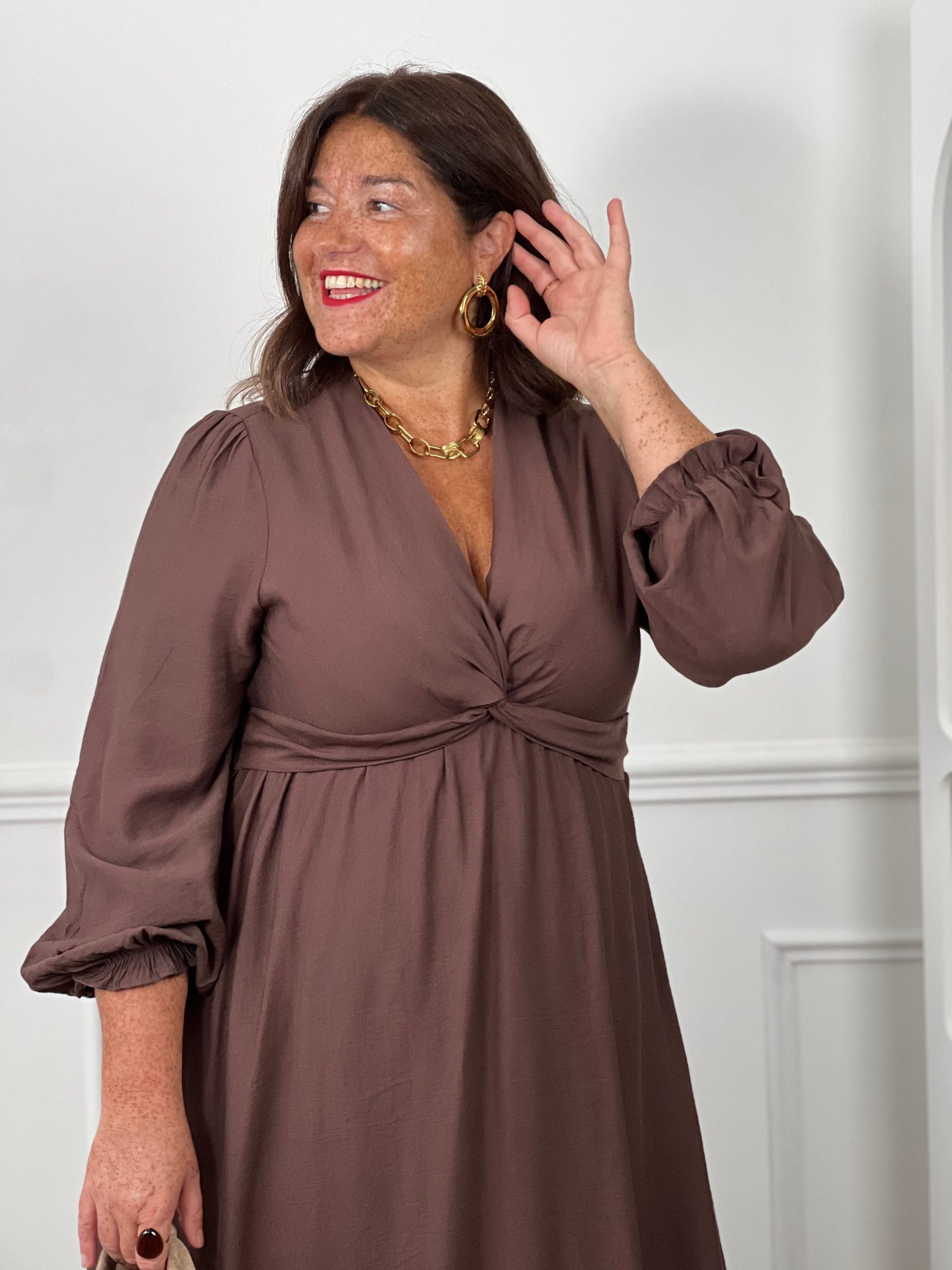 Chocolate Brown Dress with Twisted Knot and Voluminous Sleeves Chocolate Brown Dress with Twisted Knot and Voluminous Sleeves β Chocolate Brown Outfits
