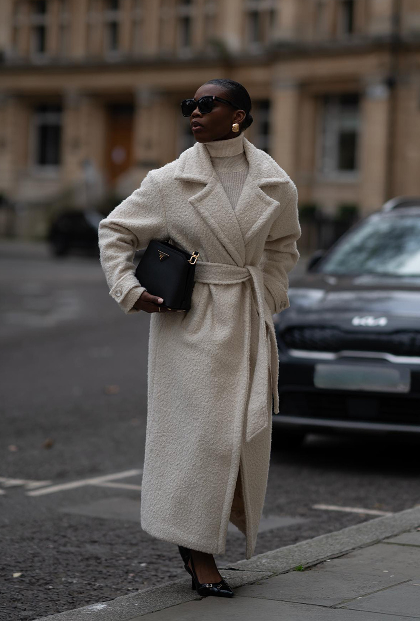 Long Cream Textured Coat with Patent Heels — Cold Weather Outfits