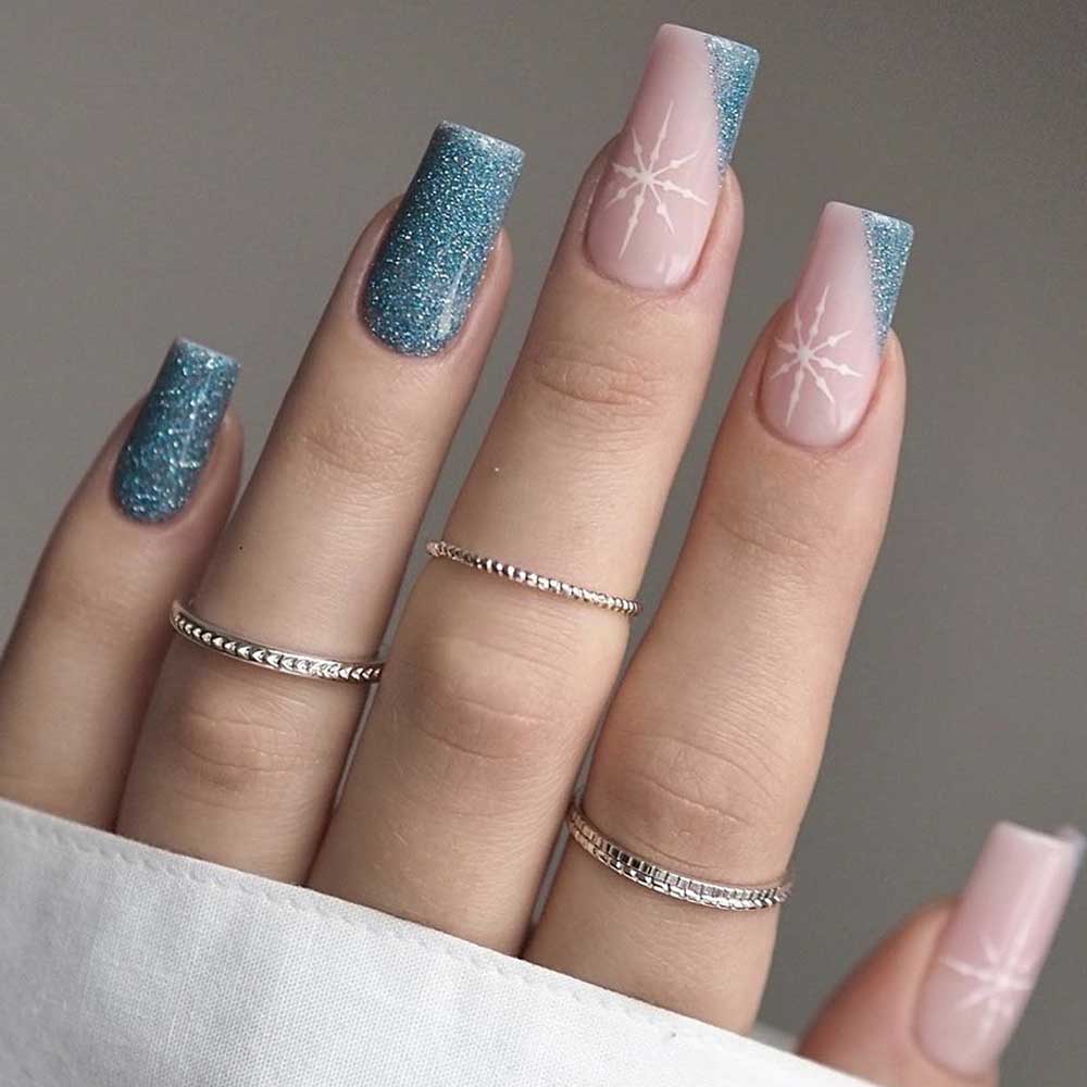 Pale Pink Square with White Snowflake Glitter Split Pale Pink Square with White Snowflake Glitter Split β Snowflake Nails