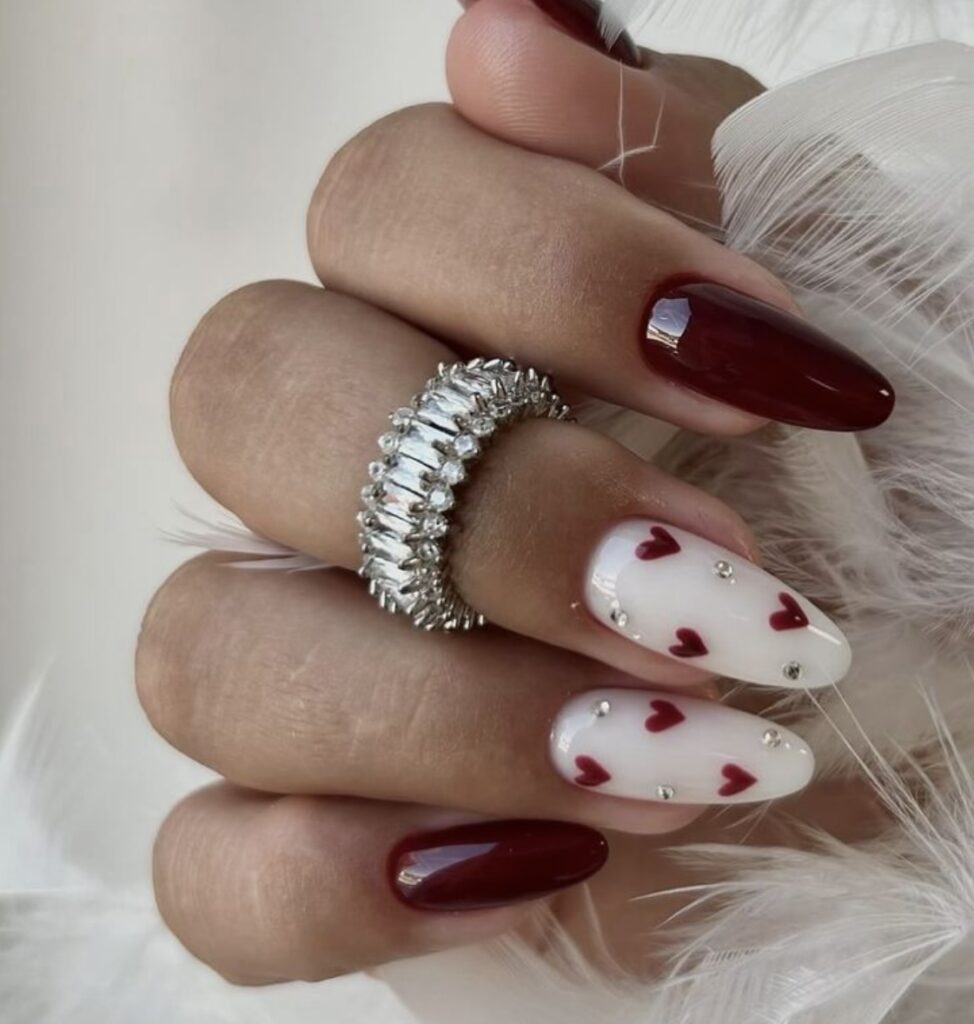 Red Hearts And Small Rhinestones Visual Idea — Baddie Winter Nails