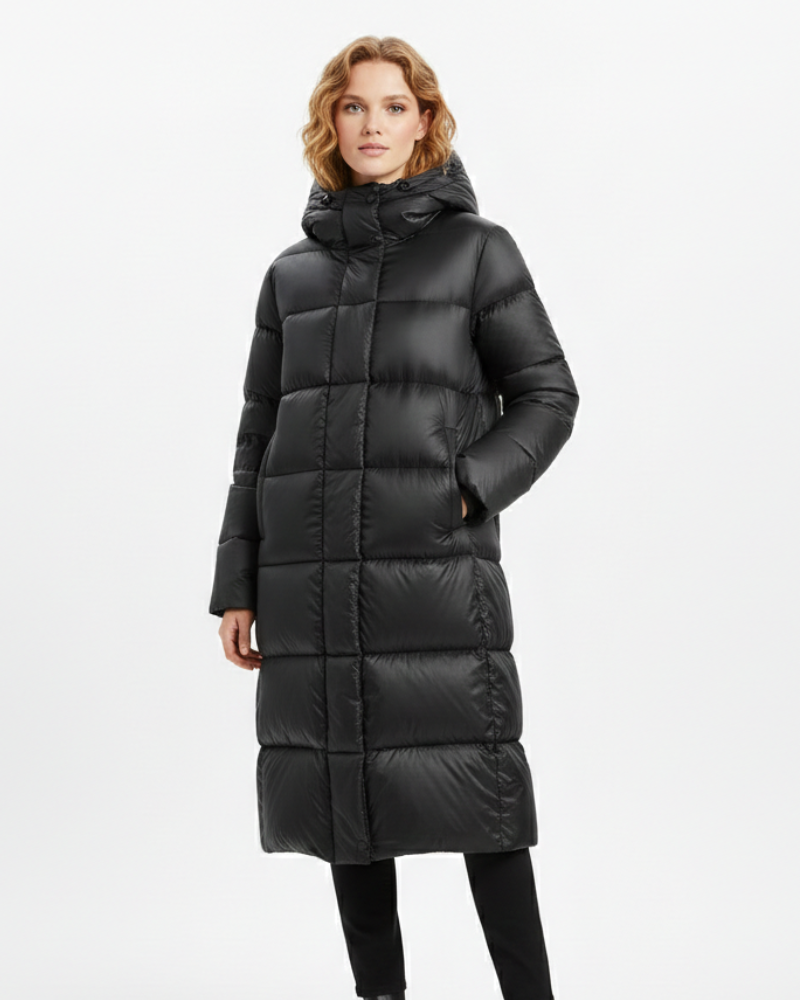 Longline Black Puffer Coat with Trousers — Winter Puffer Jacket Outfits